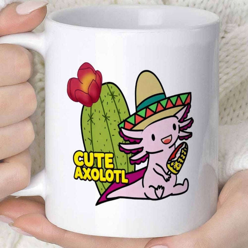 Tailorly White Ceramic 11 oz Mug - Cute Axolotl Smiling Pink Creature Wearing Sombrero Next To Flowering Green Desert Cactus Axolotl