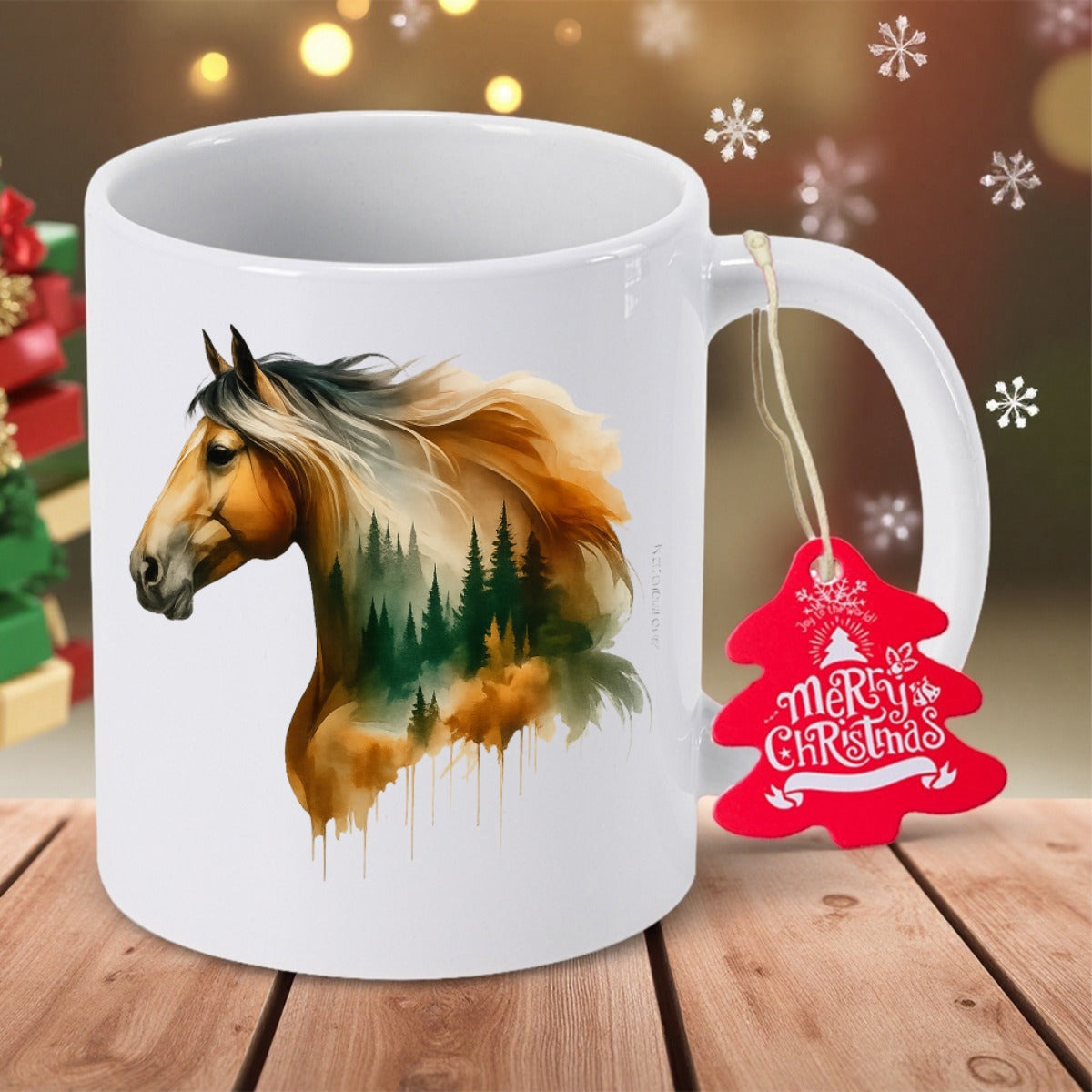 Tailorly White Ceramic 11 oz Mug - Merry Christmas Majestic Profile Blending Into Green Pine Misty Forest Horse