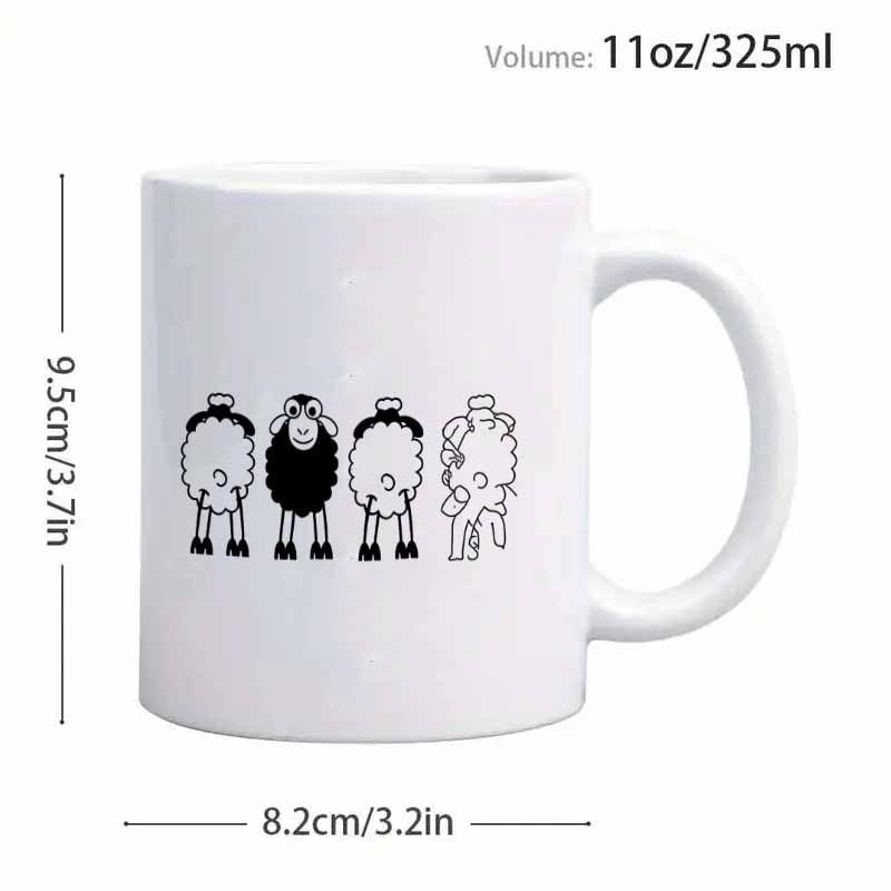 Tailorly White Ceramic 11 oz Mug - Minimalist Line Art Cute Cartoon Animals Facing Forward In A Row Sheep