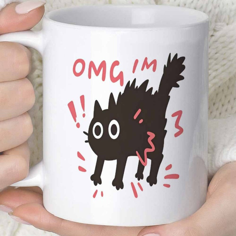 Tailorly White Ceramic 11 oz Mug - Omg Im Scared Spiky Black Feline With Large White Eyes And Accents Cat