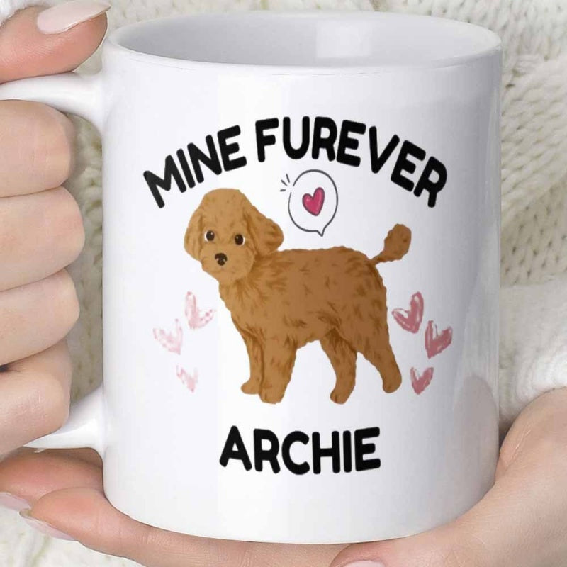Tailorly White Ceramic 11 oz Mug - Mine Furever Archie Adorable Curly Haired Brown Puppy Standing With Floating Hearts Poodle