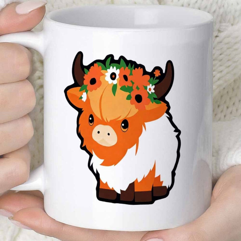 Tailorly White Ceramic 11 oz Mug - Adorable Orange Fluffy Highland Cow Wearing Vibrant Flower Crown Standing Alone Cow