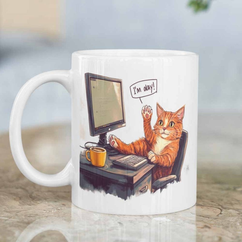Tailorly White Ceramic 11 oz Mug - Im Okay Ginger Cat Sitting At Office Desk Waving Paw In Front Of Computer Cat