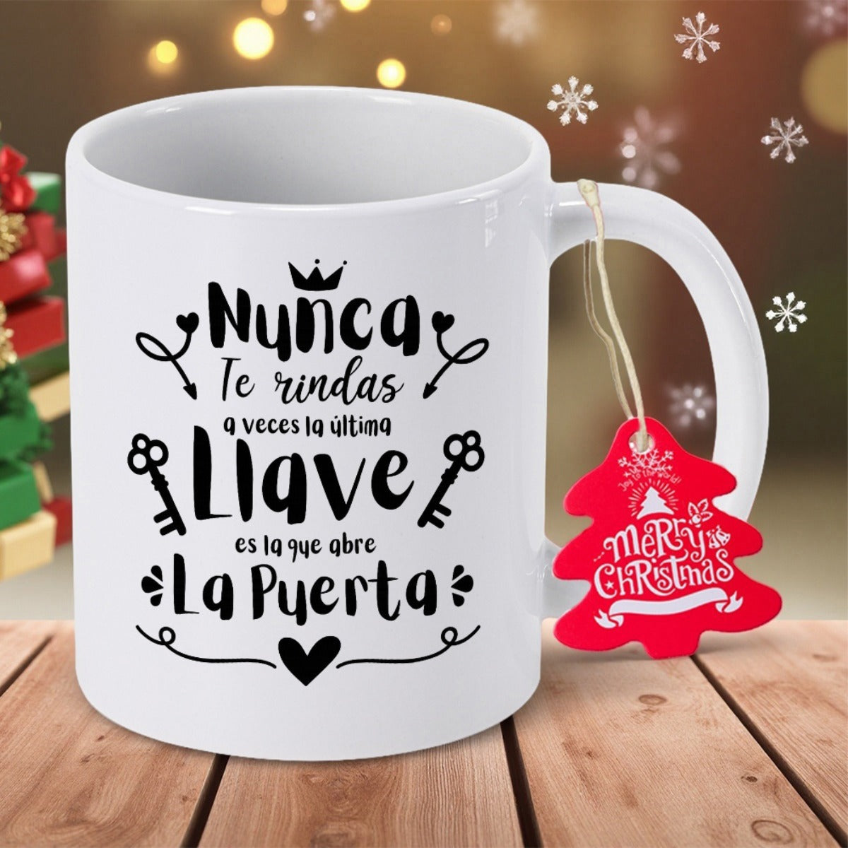 Tailorly White Ceramic 11 oz Mug - Merry Christmas Inspiring Minimalist Design Featuring Decorative Scrolls And Symmetrical Keys Mug