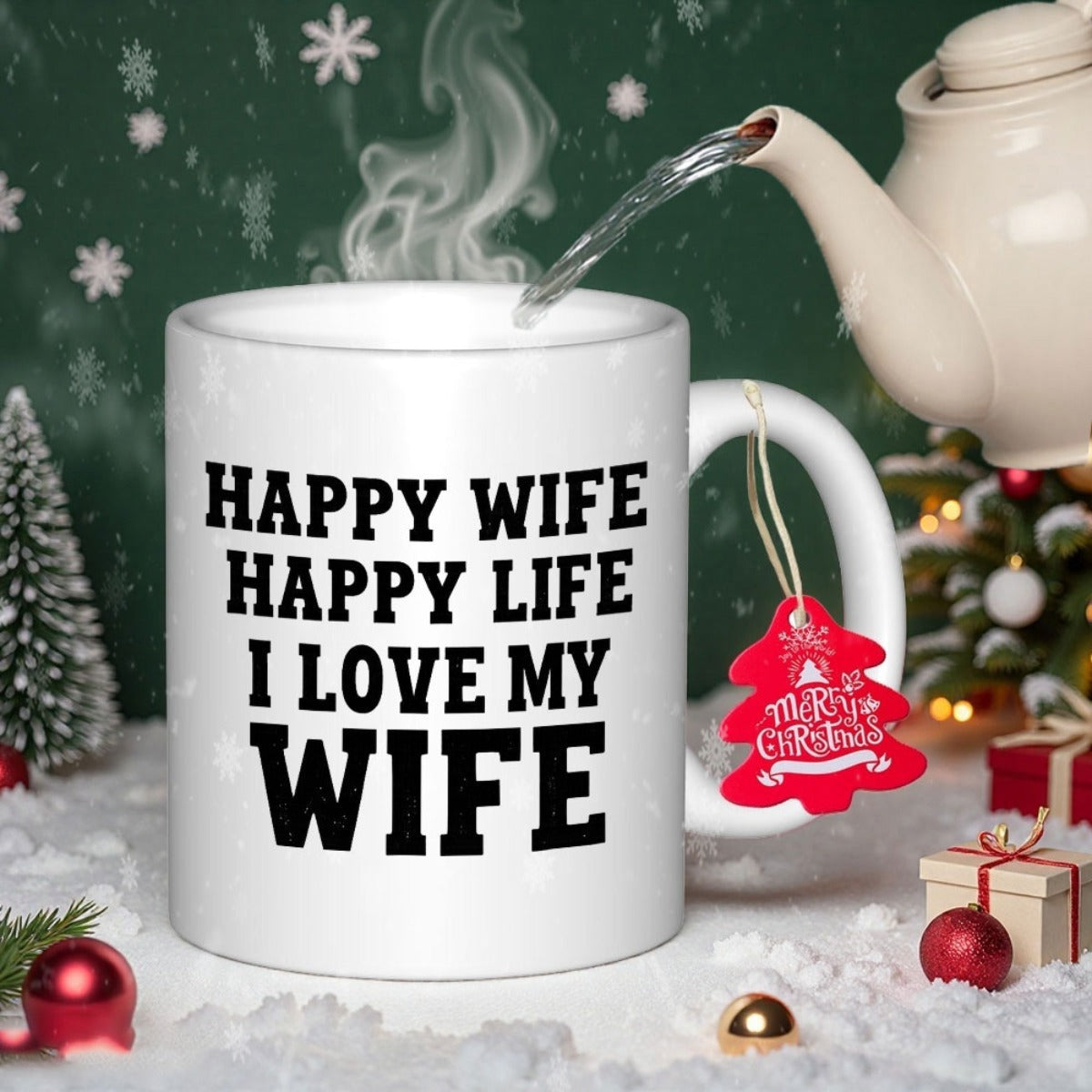 Tailorly White Ceramic 11 oz Mug - Happy Wife Happy Life I Love My Wife Simple Minimalist White Ceramic Featuring Bold High Contrast Print Mug