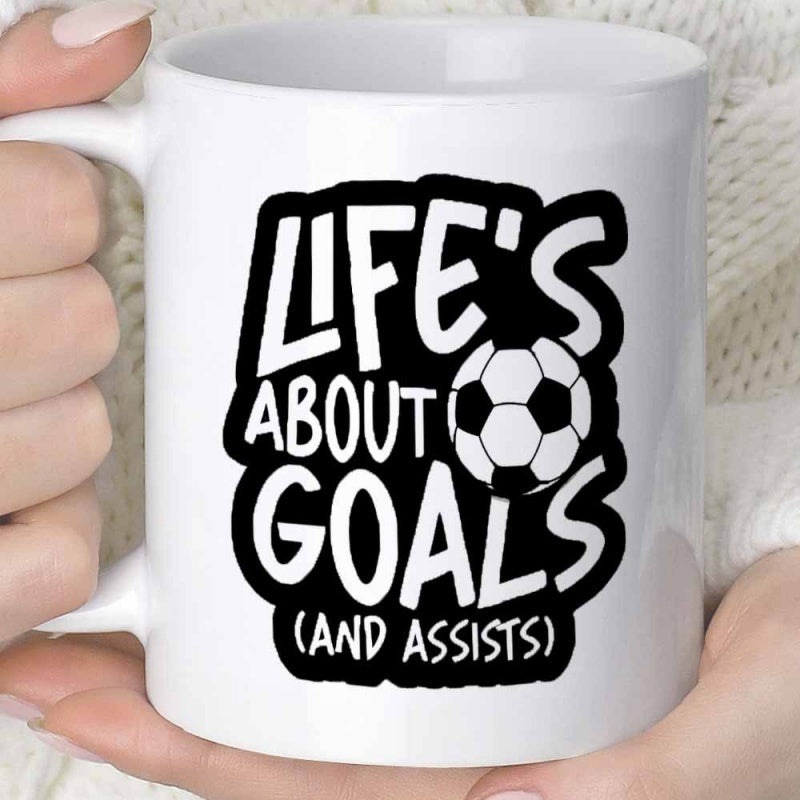 Tailorly White Ceramic 11 oz Mug - Lifes About Goals And Assists Motivational Athletic Sports Quote With Bold Black Lettering And Classic Soccer Ball
