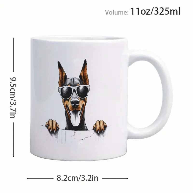 Tailorly White Ceramic 11 oz Mug - Stylish Peeking Dog Wearing Dark Sunglasses Over A Textured White Surface Doberman