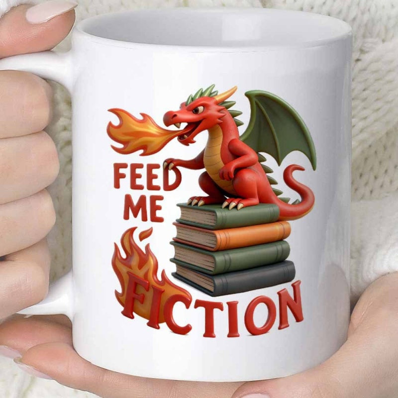Tailorly White Ceramic 11 oz Mug - Feed Me Fiction Small Red Fire Breathing Creature Resting On Stack Of Books Dragon