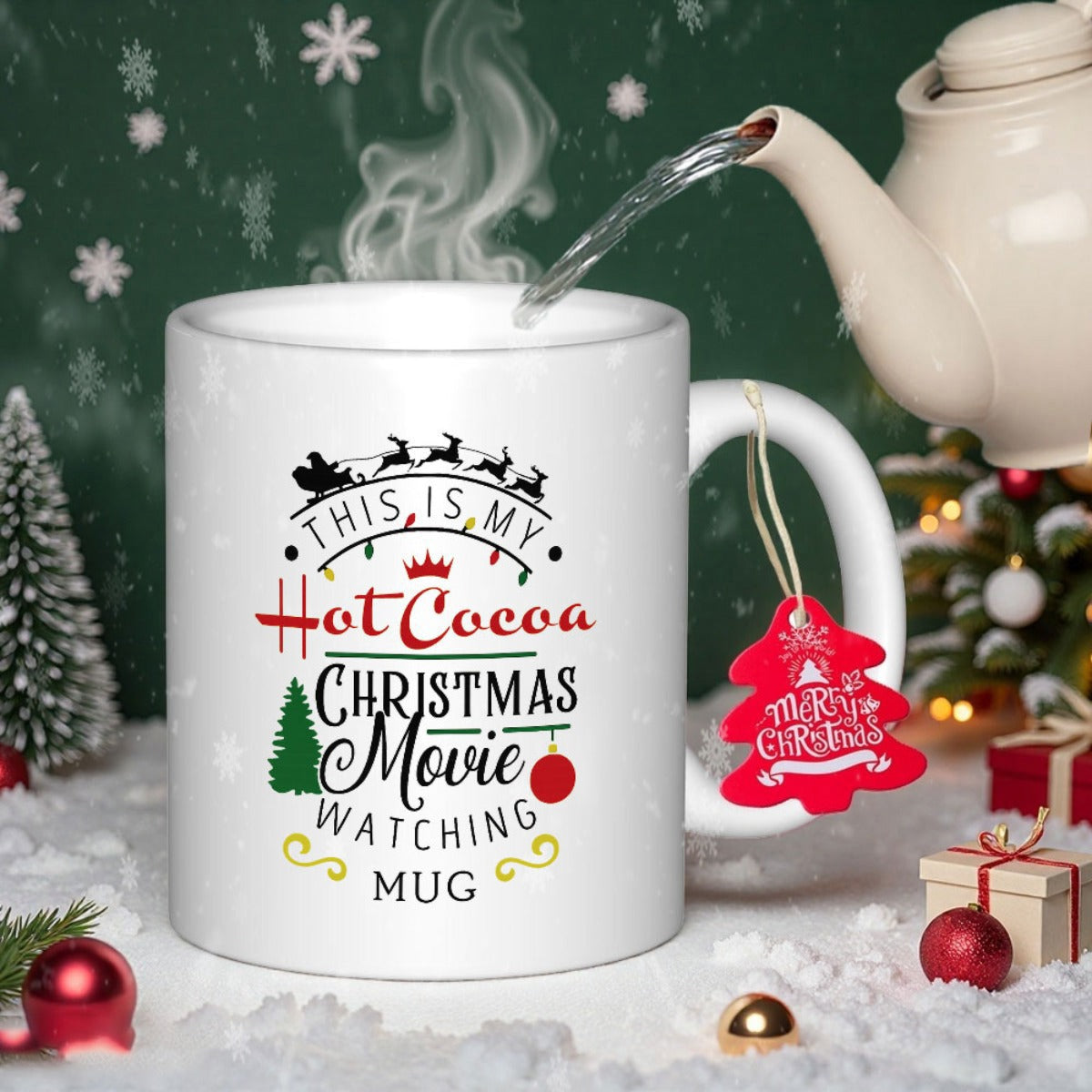 Tailorly White Ceramic 11 oz Mug - This Is My Hot Cocoa Christmas Movie Watching Mug Festive Reindeer Sleigh Gliding Over Snowy Pines With Red Ornaments Mug