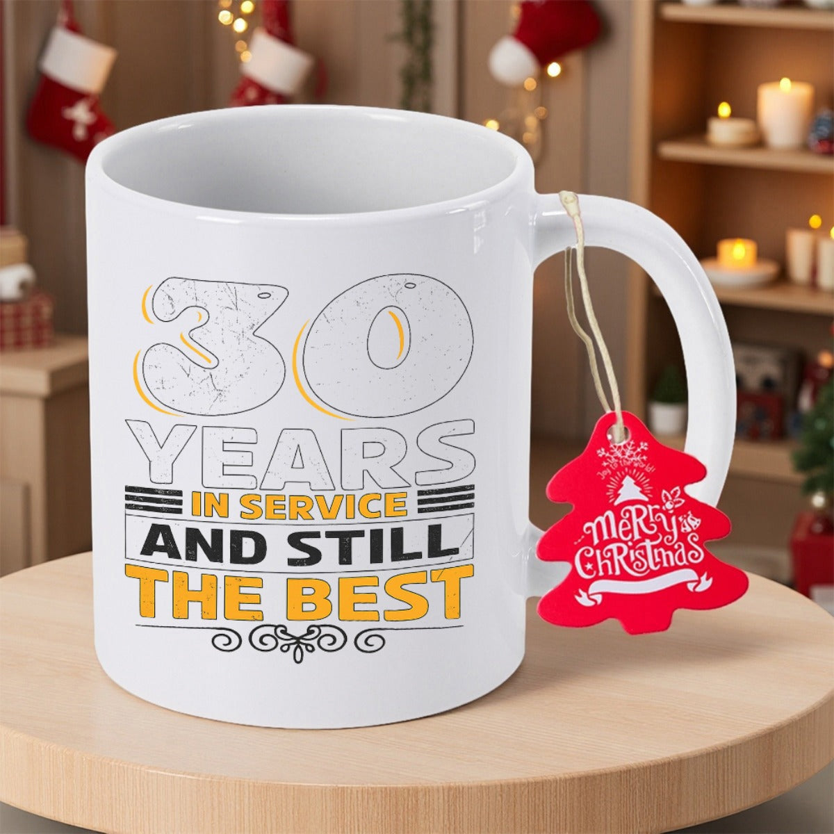 Tailorly White Ceramic 11 oz Mug - 30 Years In Service And Still The Best Bold Black And Yellow Typography On Smooth Glossy Mug