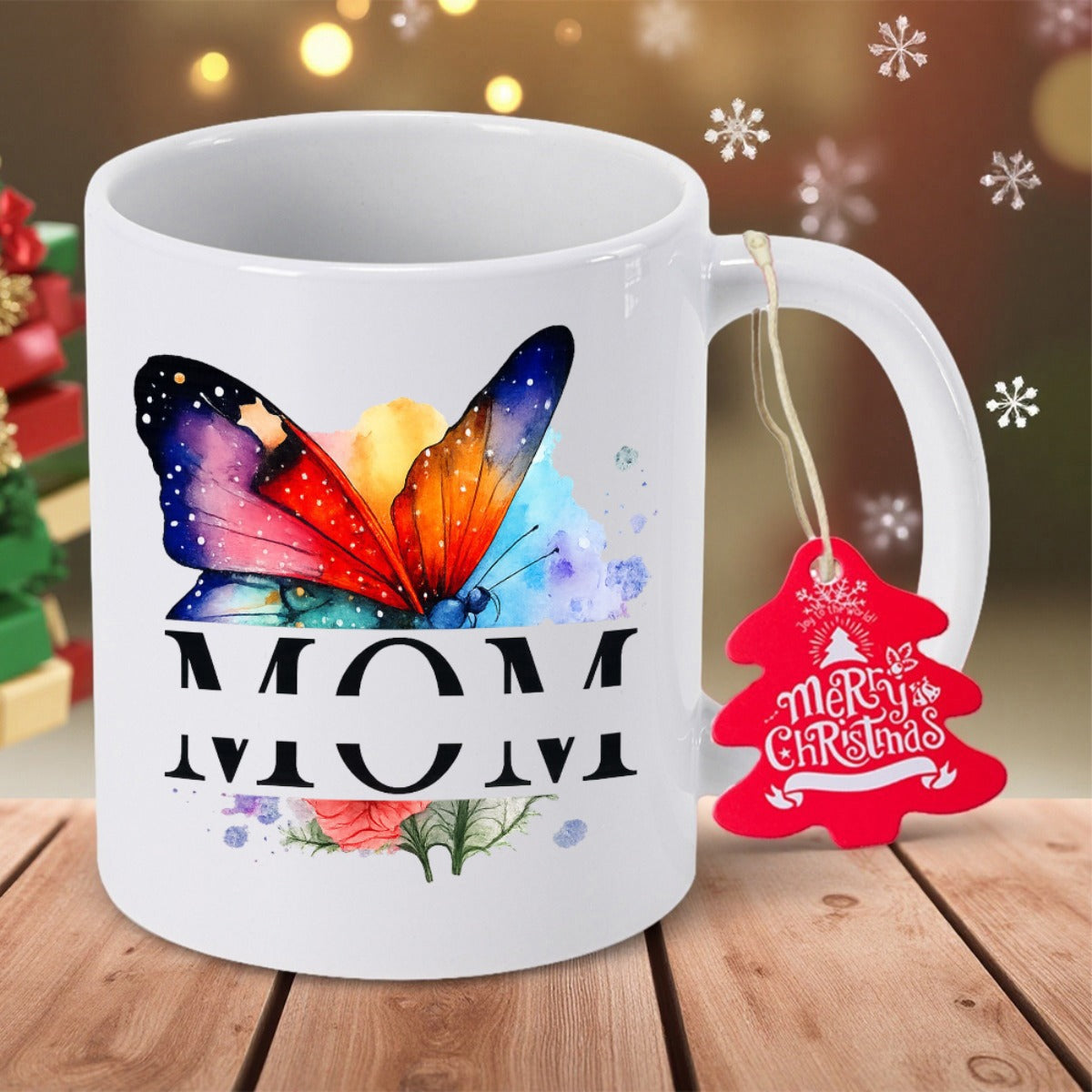 Tailorly White Ceramic 11 oz Mug - Mom Merry Christmas Vibrant Watercolor Wings With Floral Accents On A Serene Ceramic Surface Butterfly