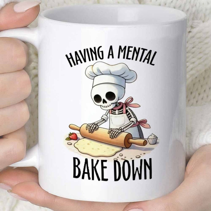 Tailorly White Ceramic 11 oz Mug - Having A Mental Bake Down Wearing A White Chef Hat While Rolling Fresh Flour Dough Skeleton