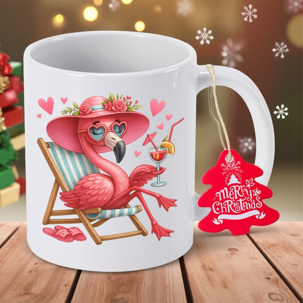 Tailorly White Ceramic 11 oz Mug - Merry Christmas Tropical Flamingo Relaxing On Beach Chair With Summer Drink And Hearts Flamingo
