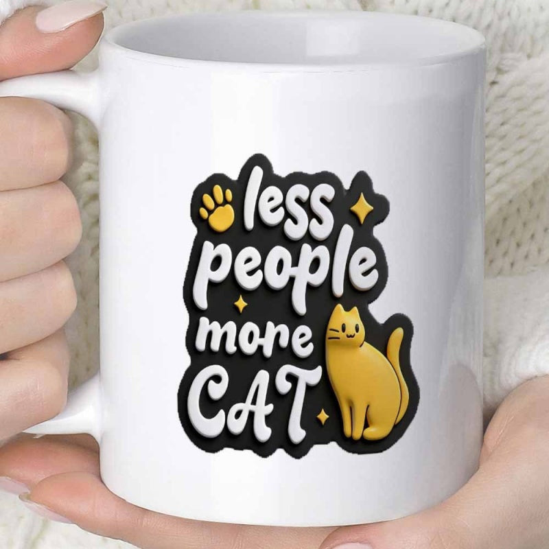 Tailorly White Ceramic 11 oz Mug - Less People More Cat Adorable Sitting Ginger Kitten With Playful Paw And Twinkling Stars Cat