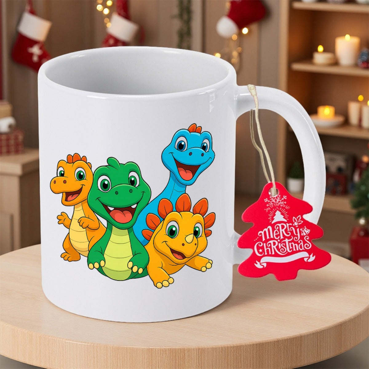 Tailorly White Ceramic 11 oz Mug - Merry Christmas Four Colorful Cartoon Friends Smiling In A Playful Prehistoric Group Dinosaur