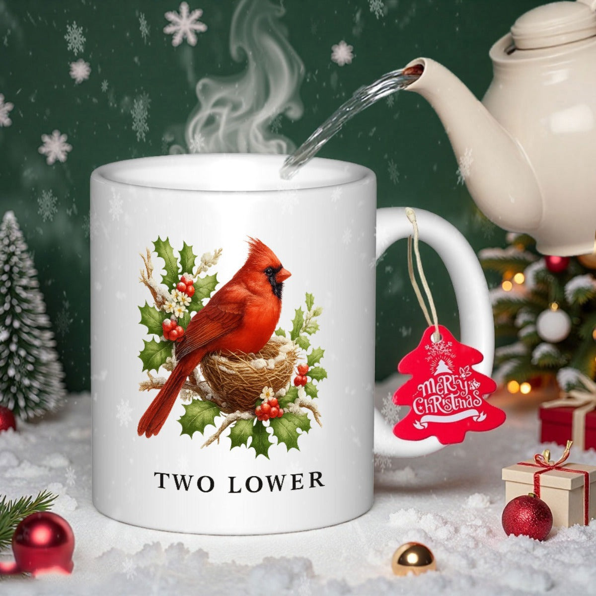 Tailorly White Ceramic 11 oz Mug - Two Lower Vibrant Red Bird Perched On Snowy Nest Amidst Green Holly Berries Cardinal