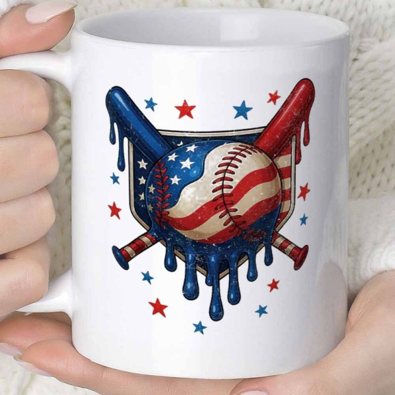 Tailorly White Ceramic 11 oz Mug - Patriotic American Flag Pattern With Dripping Paint Crossed Bats And Baseball