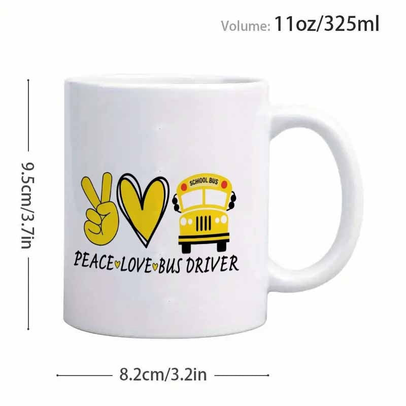Tailorly White Ceramic 11 oz Mug - Peace Love Bus Driver Vibrant Yellow Peace Sign And Heart Next To A Charming School Bus