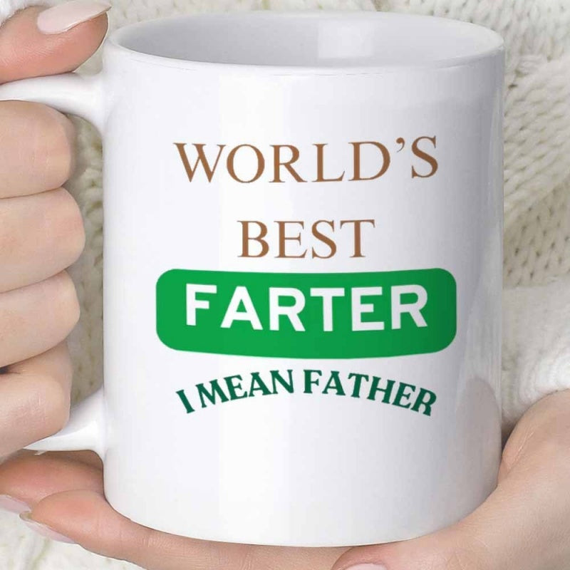 Tailorly White Ceramic 11 oz Mug - World S Best Farter I Mean Father Simple White Ceramic Coffee Cup Featuring A Humorous Green Text Banner Mug
