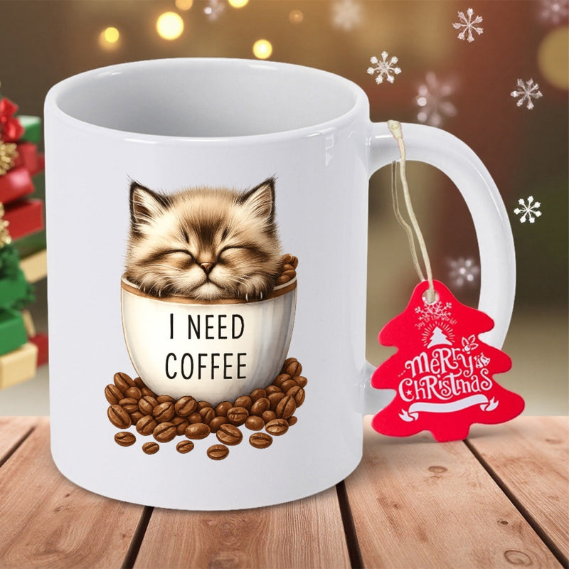 Tailorly White Ceramic 11 oz Mug - I Need Coffee Cute Fluffy Kitten Sleeping Inside Small Cup Surrounded By Dark Coffee Beans Kitten