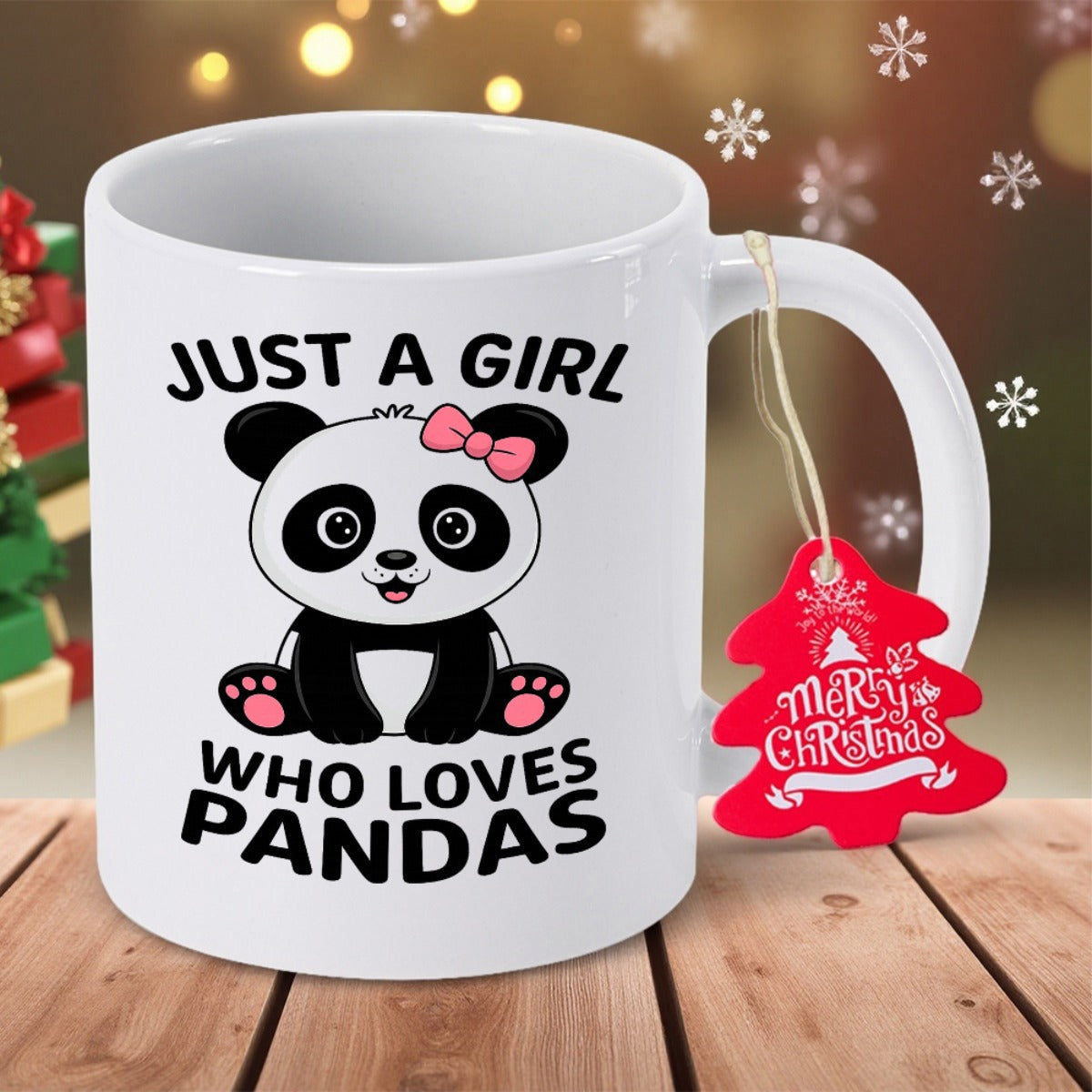 Tailorly White Ceramic 11 oz Mug - Just A Girl Who Loves Pandas Adorable Cartoon Panda With Pink Bow Sitting Peacefully On White Surface Panda