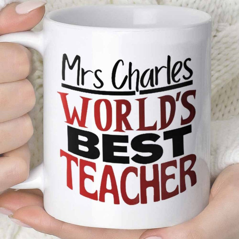 Tailorly White Ceramic 11 oz Mug - Mrs Charles World's Best Teacher Bold Typography Styled With Minimalist Lines And Contrasting Colors Mug