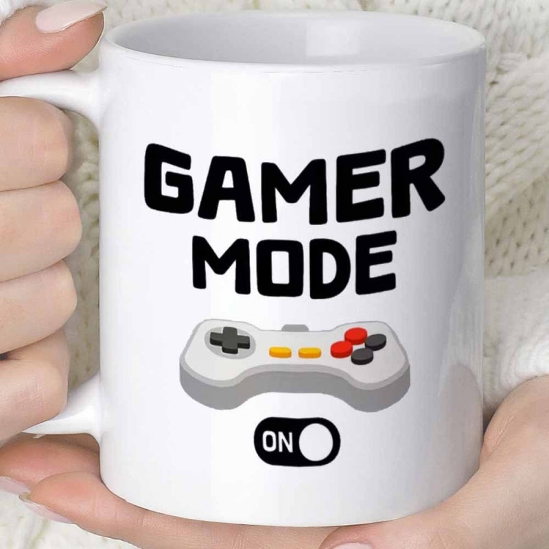 Tailorly White Ceramic 11 oz Mug - Gamer Mode On Vintage Video Game Accessory Featuring Directional Pad And Colorful Buttons Controller