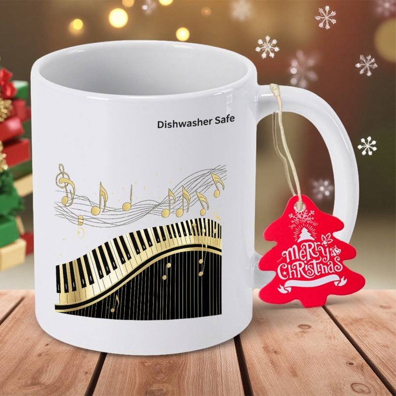 Tailorly White Ceramic 11 oz Mug - Dishwasher Safe Merry Christmas Flowing Musical Notes Over Golden And Black Elegant Piano Keys Piano