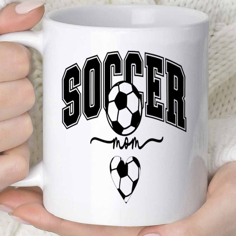 Tailorly White Ceramic 11 oz Mug - Soccer Mom Collegiate Style Lettering With Minimalist Heart And Sporty Soccer Ball