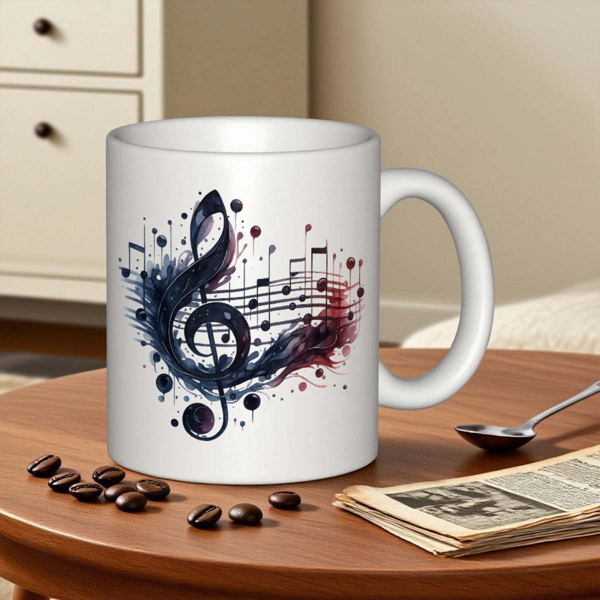 Tailorly White Ceramic 11 oz Mug - Artistic Watercolor Style Musical Notes Flowing With Vibrant Ink Splashes Treble Clef