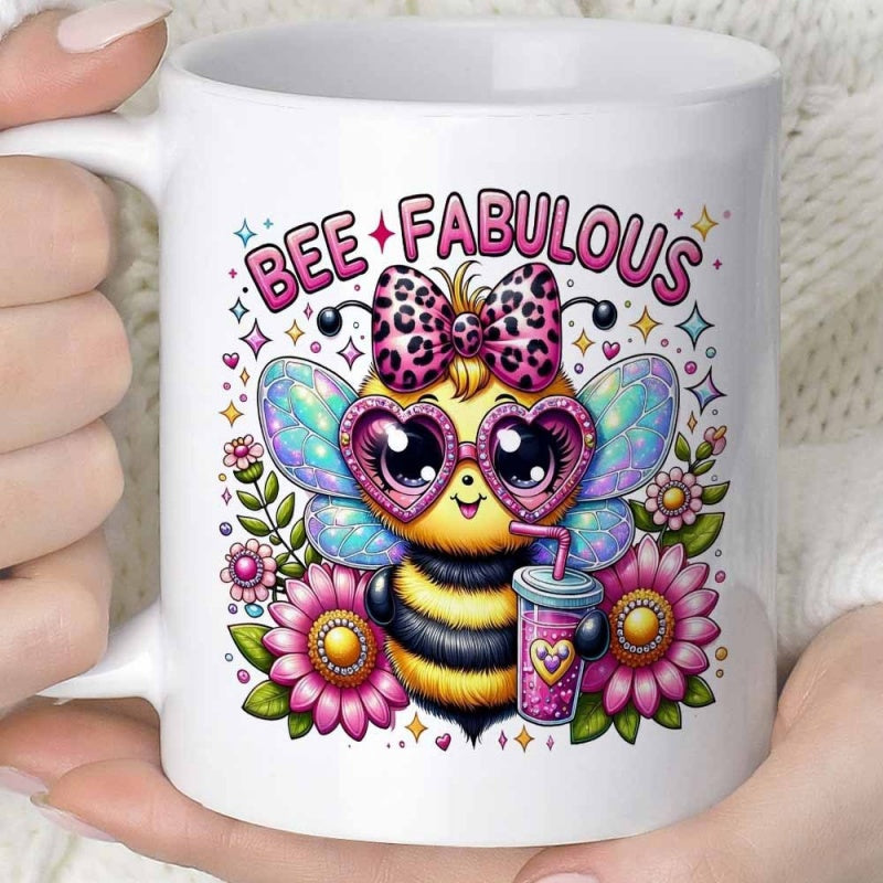 Tailorly White Ceramic 11 oz Mug - Bee Fabulous Cute Character With Heart Sunglasses And Leopard Bow Among Flowers Bee