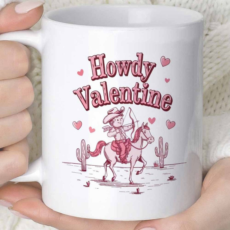 Tailorly White Ceramic 11 oz Mug - Howdy Valentine Pink Western Cupid Riding Galloping Steed In Heart Filled Desert Landscape Horse