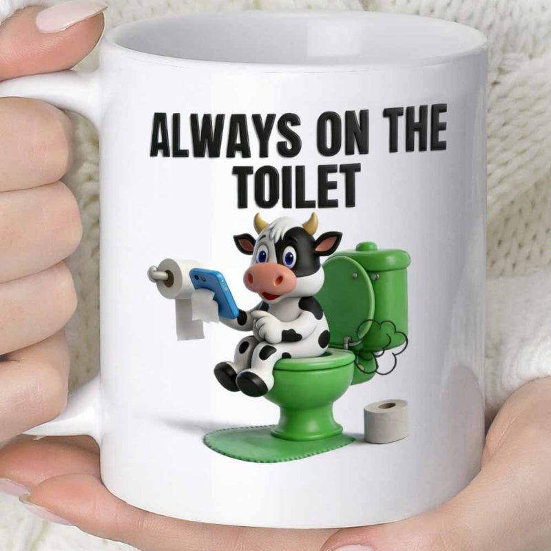 Tailorly White Ceramic 11 oz Mug - Always On The Toilet Funny Cartoon Spotted Cow Sitting On Green Toilet Holding Smartphone With Paper Cow