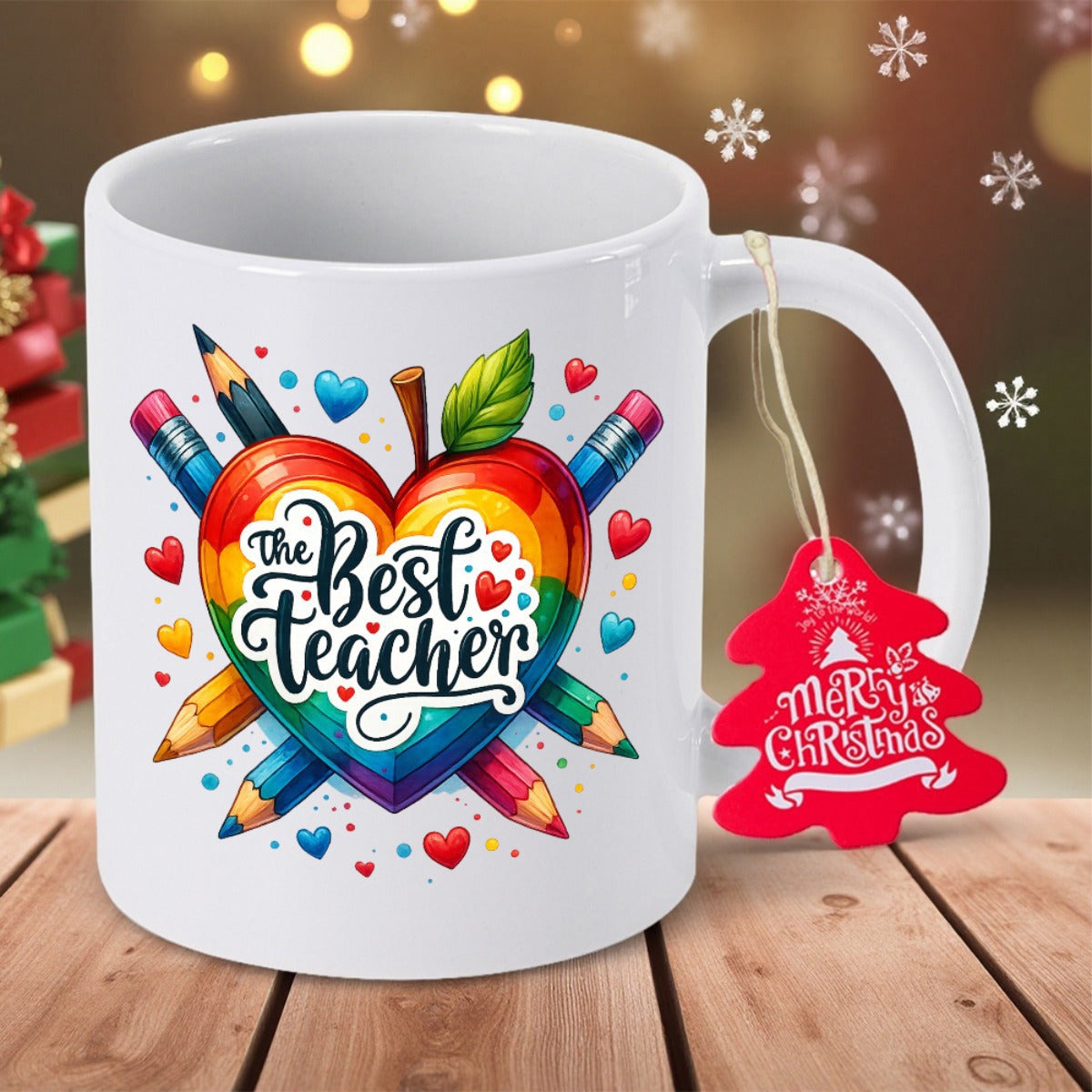 Tailorly White Ceramic 11 oz Mug - The Best Teacher Rainbow Colored Heart Shaped Fruit Surrounded By Cross Arranged Sharp Pencils Apple