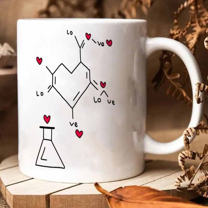 Tailorly White Ceramic 11 oz Mug - Love L Artistic Chemical Molecular Structure With Romantic Red Hearts And Beaker Heart