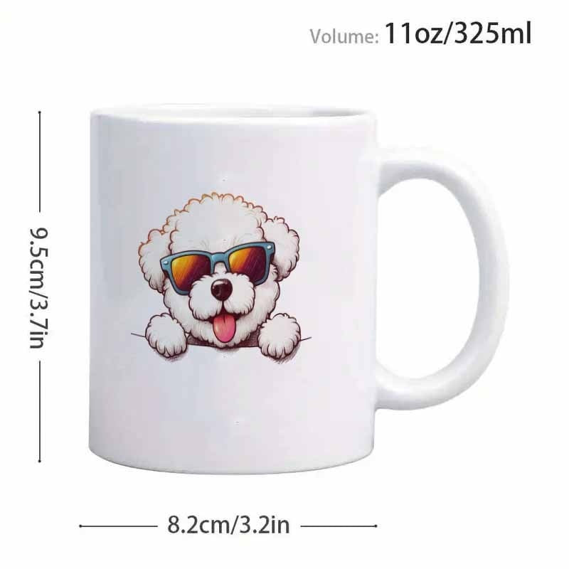 Tailorly White Ceramic 11 oz Mug - Adorable Fluffy White Bichon Wearing Colorful Summer Sunglasses Peeking Dog