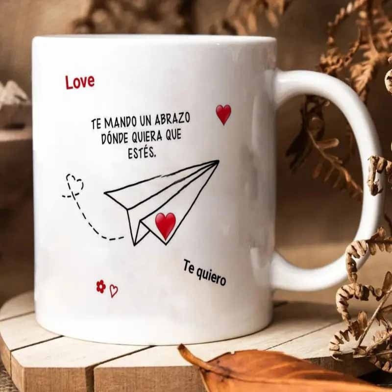 Tailorly White Ceramic 11 oz Mug - Love Minimalist Hand Drawn Style Flying With Small Red Hearts Paper Airplane