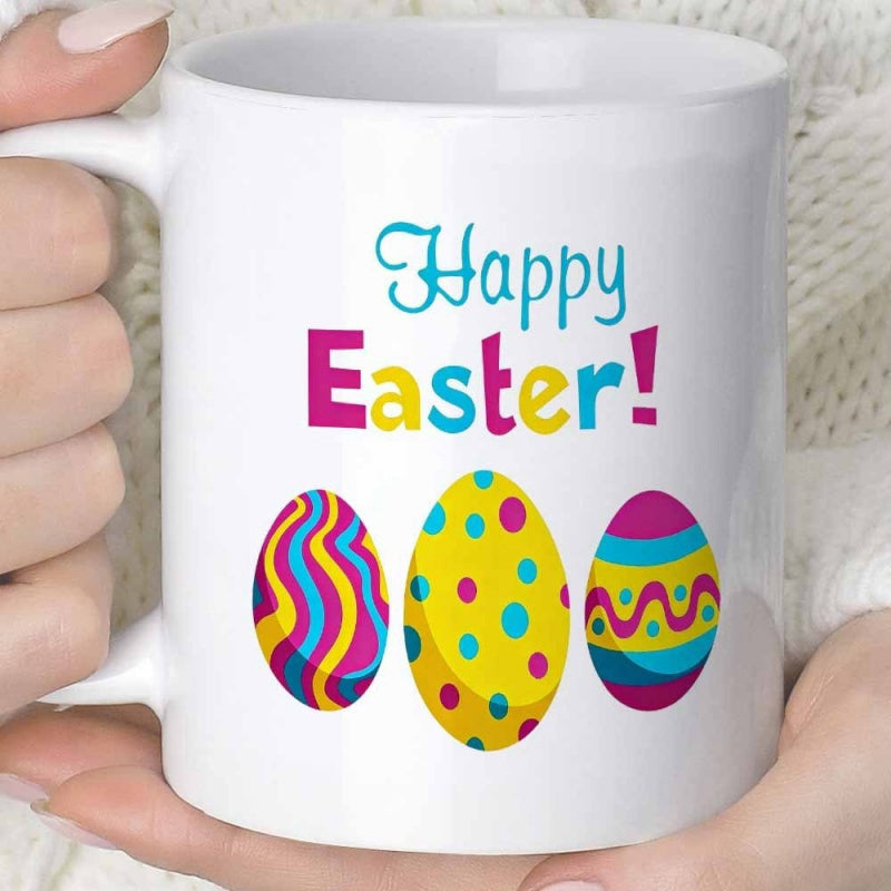Tailorly White Ceramic 11 oz Mug - Happy Easter Three Colorful Decorated Eggs With Wavy Stripes And Playful Dots Egg