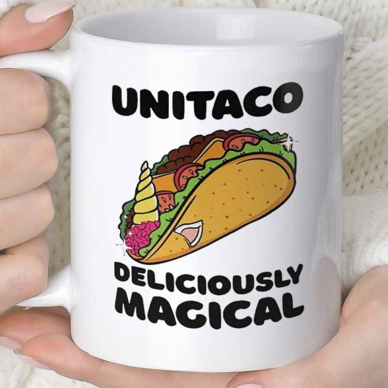 Tailorly White Ceramic 11 oz Mug - Unitaco Deliciously Magical Whimsical Cartoon Style Unicorn Featuring A Golden Horn And Rainbow Filling Taco