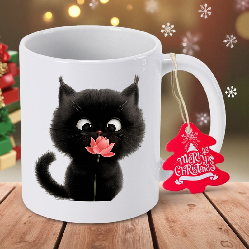 Tailorly White Ceramic 11 oz Mug - Merry Christmas Adorable Fluffy Black Kitten Sniffing A Small Blooming Pink Flower Cat