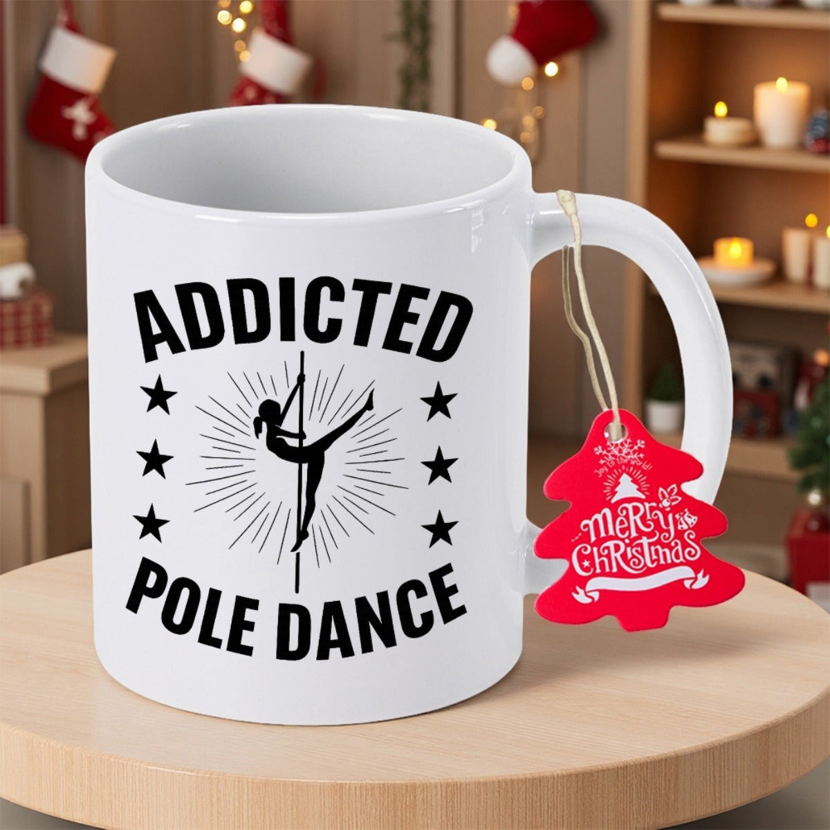 Tailorly White Ceramic 11 oz Mug - Addicted Pole Dance Graceful Minimalist Silhouette Performing On A Vertical Pole With Radiant Shining Stars Dancer