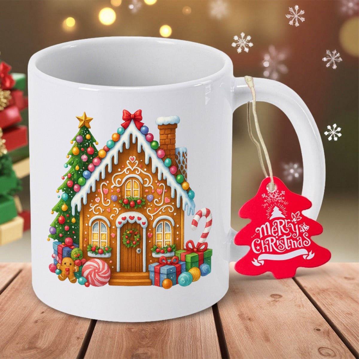 Tailorly White Ceramic 11 oz Mug - Merry Christmas Festive Snowy Gingerbread Cottage Surrounded By Colorful Ornaments And Gifts House