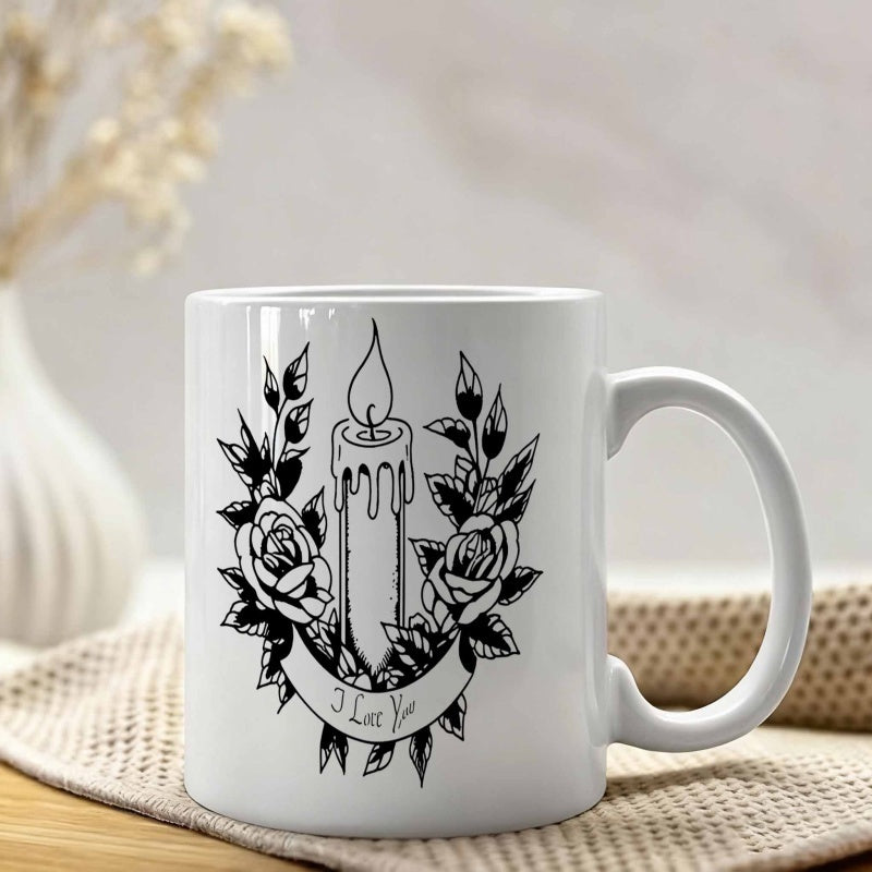 Tailorly White Ceramic 11 oz Mug - I Love You Traditional Black And White Tattoo Style Burning And Glowing Candle