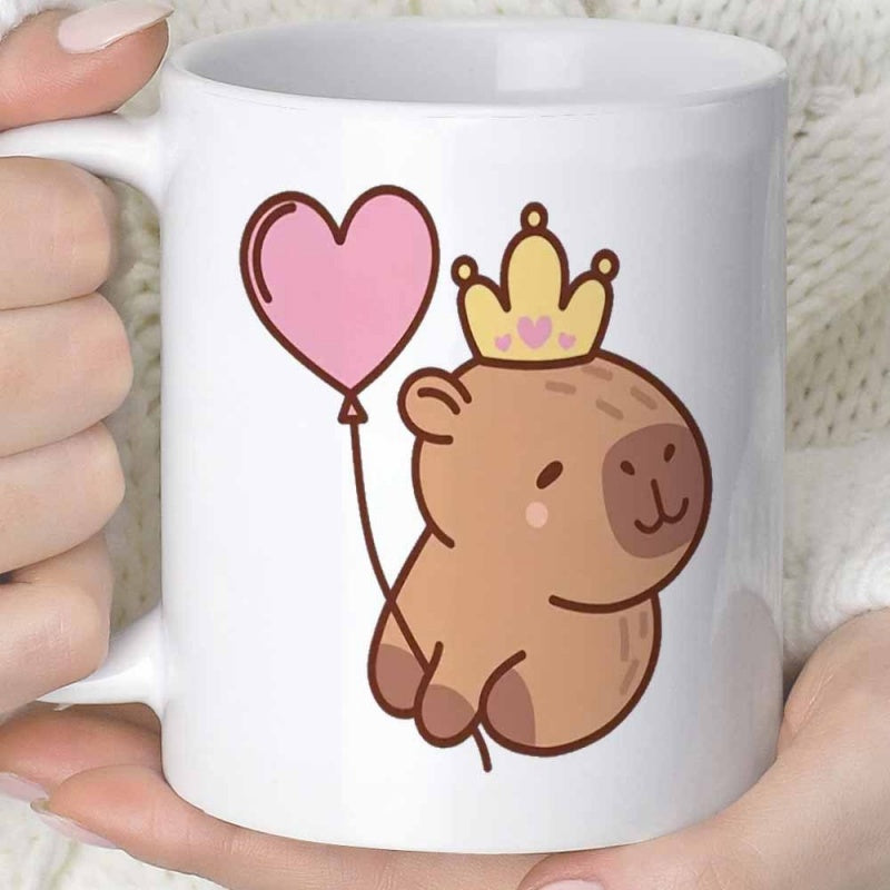 Tailorly White Ceramic 11 oz Mug - Adorable Kawaii Brown Animal With Golden Crown Holding A Heart Balloon Capybara