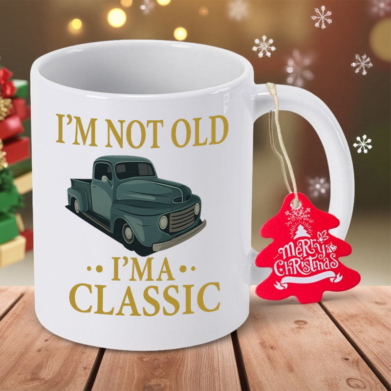 Tailorly White Ceramic 11 oz Mug - Im Not Old Ima Classic Vintage Teal Pickup Parked On A Pristine White Background Truck