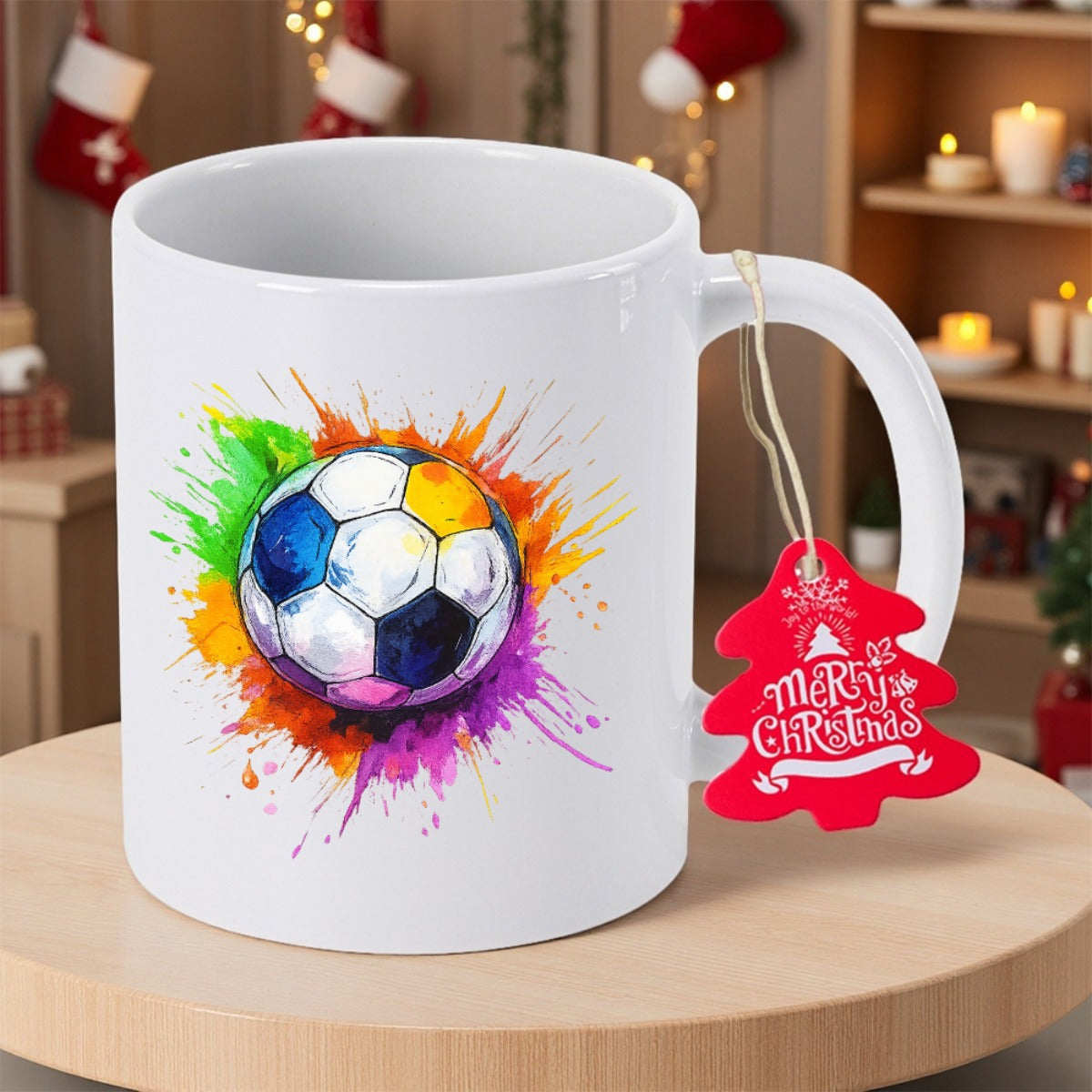 Tailorly White Ceramic 11 oz Mug - Merry Christmas Colorful Watercolor Splatter Behind A Dynamic Sporting Classic Geometric Pattern Soccer Ball
