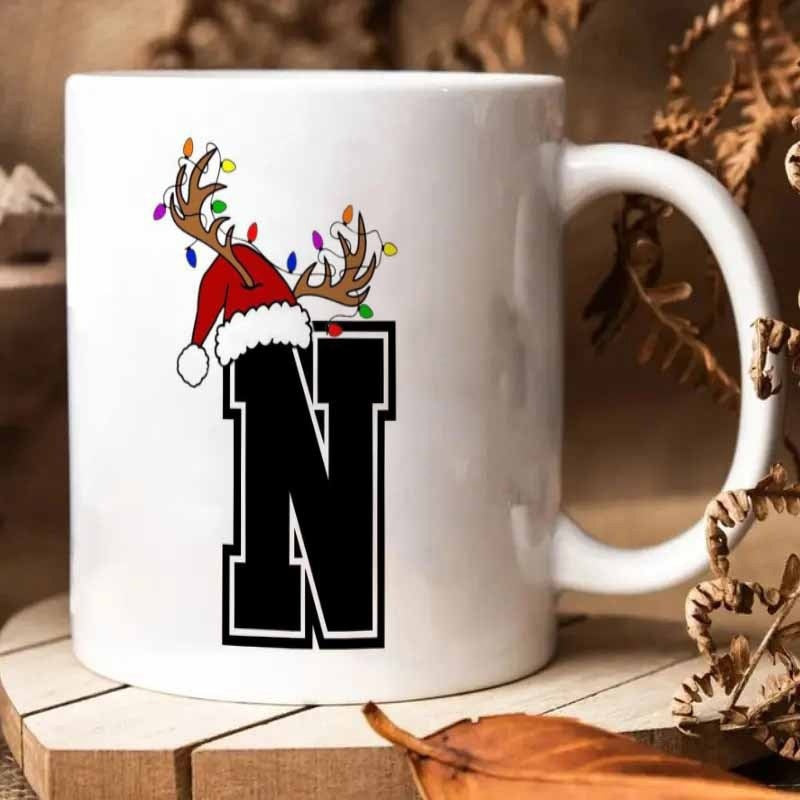 Tailorly White Ceramic 11 oz Mug - N Festive Reindeer Antlers Wearing A Red Santa Hat With Colorful Lights Letter