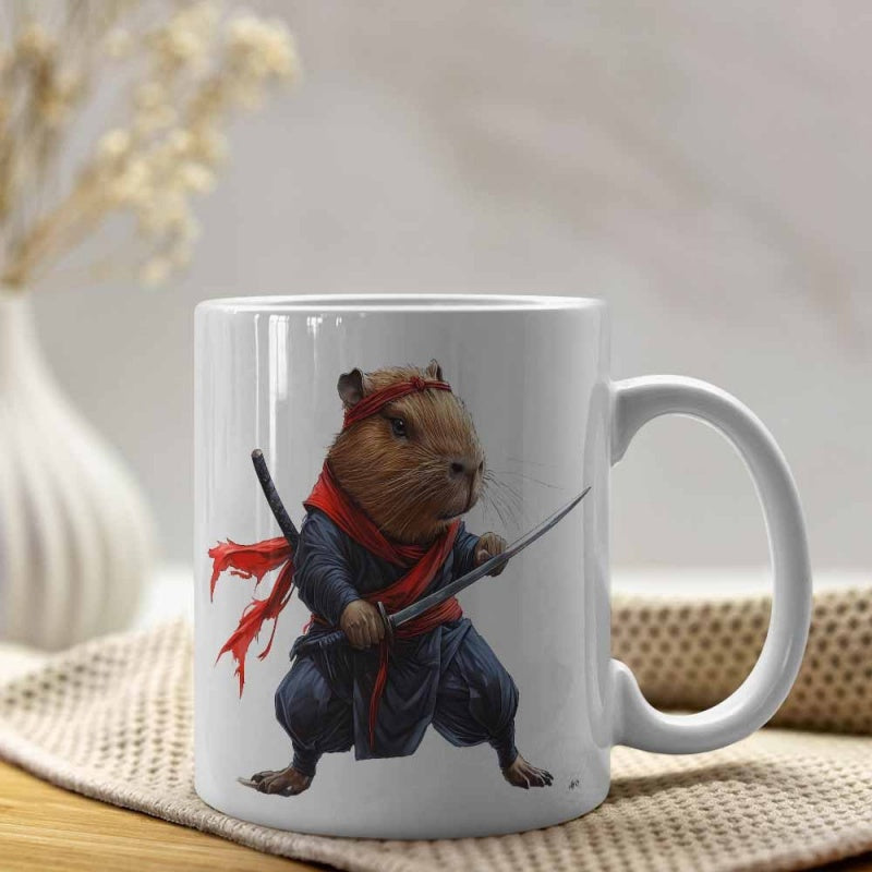 Tailorly White Ceramic 11 oz Mug - Valiant Shinobi Warrior In Blue Garb Holding Sharp Katana Blade Capybara