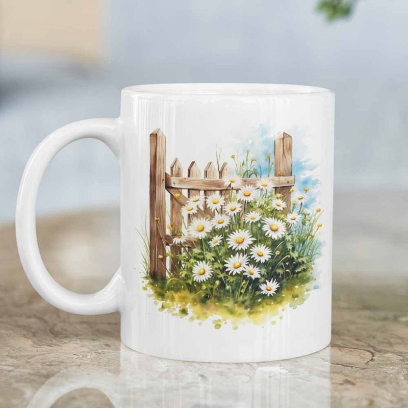 Tailorly White Ceramic 11 oz Mug - Blooming White Daisies Nestled Beside A Rustic Weathered Wooden Garden Gate Daisy