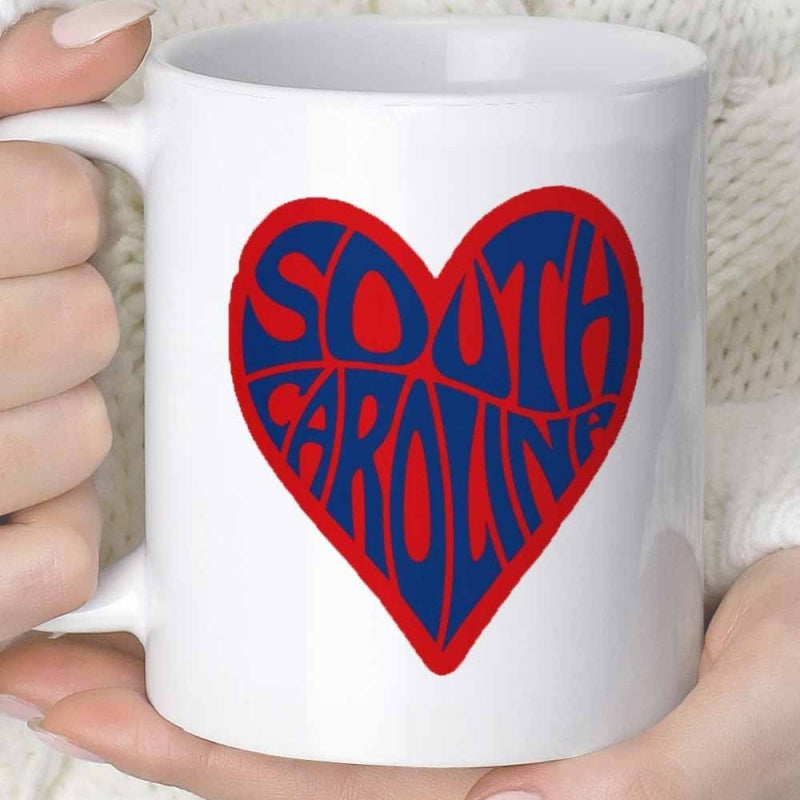 Tailorly White Ceramic 11 oz Mug - South Carolina Vibrant Red Outline With Stylized Blue Typographic Text Filling Interior Heart